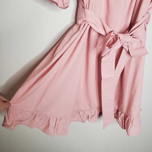 Eloquii Pink Square Neck Ruffled Smocked Front Linen Mini Day Dress - Picture 9 of 11